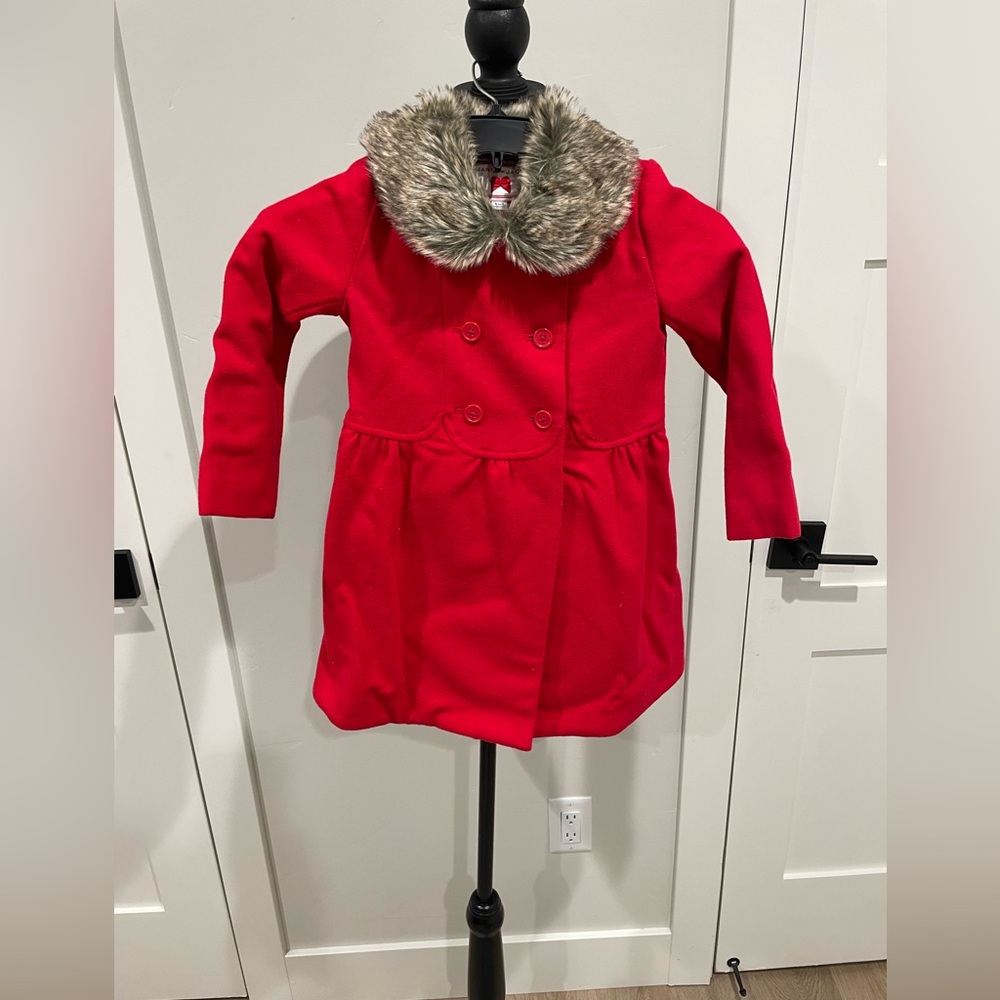 Red Kids Coat with Faux Fur Collar